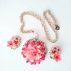 1950s W Germany Pink Purple White Plastic Flower Earring Necklace Set image 7