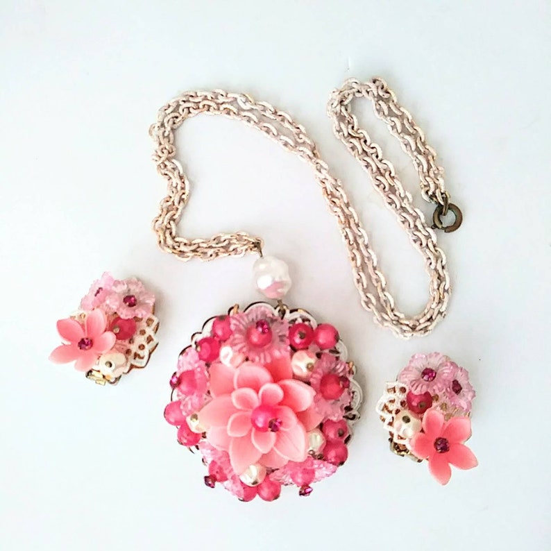 1950s W Germany Pink Purple White Plastic Flower Earring Necklace Set image 7
