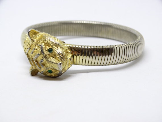 1980s Lion Panther Gold Metal Statement Bracelet - image 3