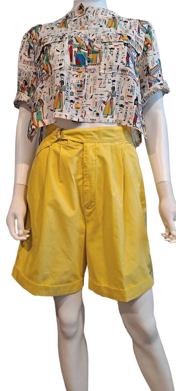 1980s Cotton Blend Yellow Belted and Pleated Short