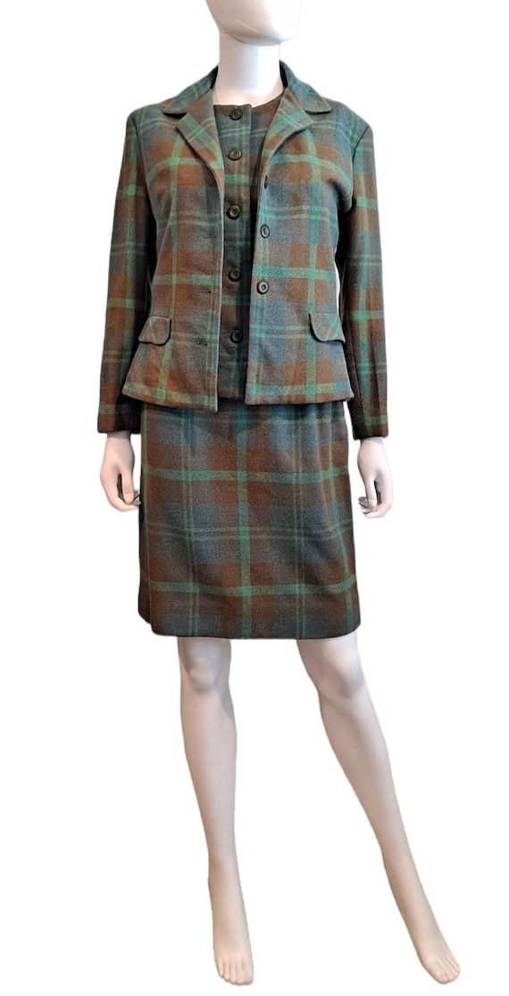 1960s Wool Plaid 3 Pc Suit Skirt Jacket Vest Jo Co