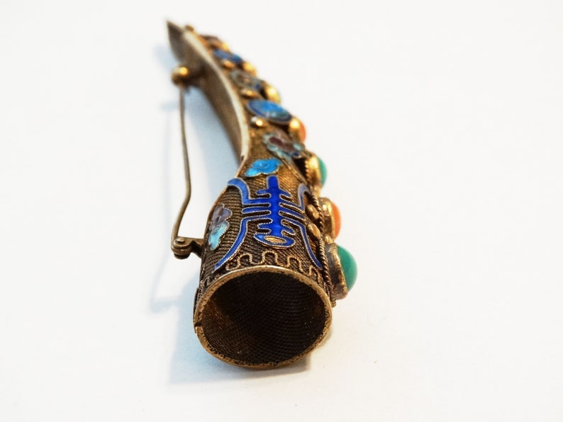 Antique Chinese Export Silver Finger Guard Glass Stone Enamel Silver Finger Guard Brooch Posey Pin