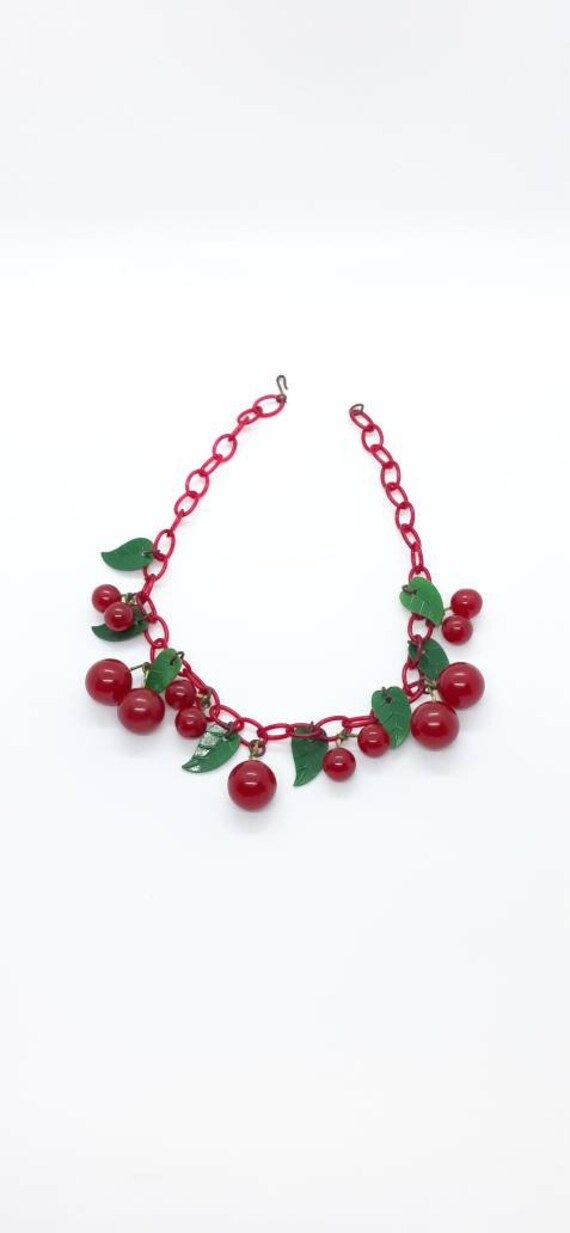 1940s Novelty Bakelite Cherries Charm Necklace Che