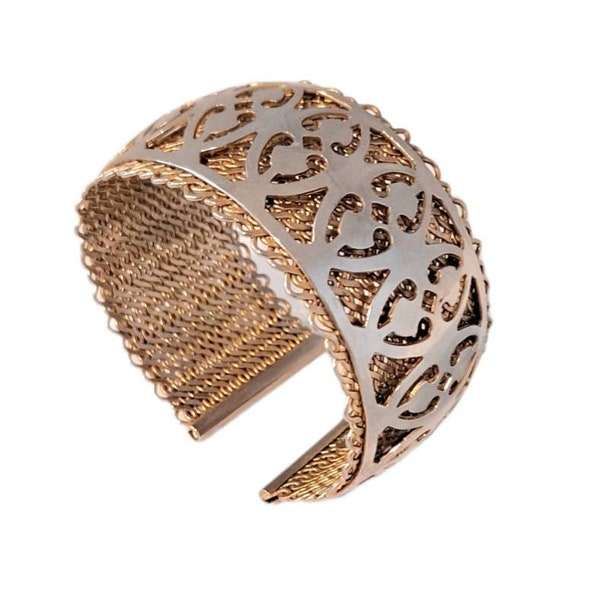 1950s Volupte Open Cuff Bangle Bracelet Gold Mesh Silver Pierced Arabesque Scrollwork