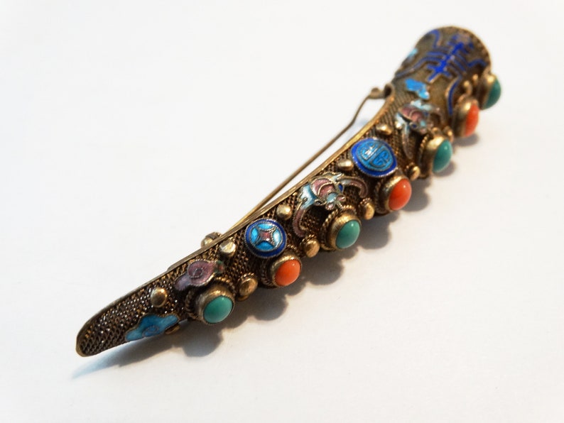 Antique Chinese Export Silver Finger Guard Glass Stone Enamel Silver Finger Guard Brooch Posey Pin