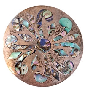 Vintage Abalone and Silver Round Brooch