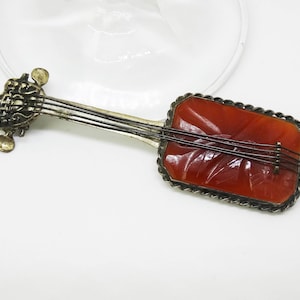1940s Carnelian Stone Mexican Sterling Silver Guitar Brooch