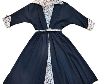 1950s Princess Coat with Dress Set Navy Blue Faille Blue Nylon Print Two Belts