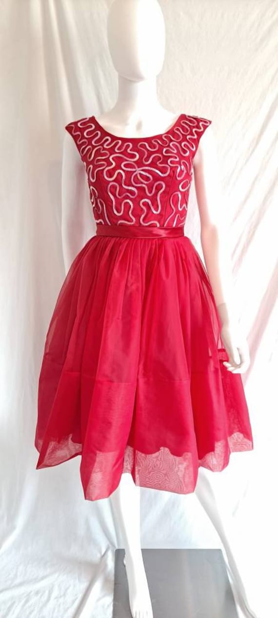 1960s Cherry Red Tulle Party Dress With Sequin Tr… - image 1