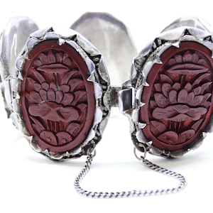 Art Deco Chinese Export Carved Cinnabar Lotus Flower Panel Bracelet