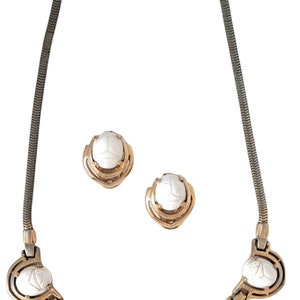 1940s Mazer Bros White Scarab Earring And Necklace Set Demi Parure Joseph Mazer