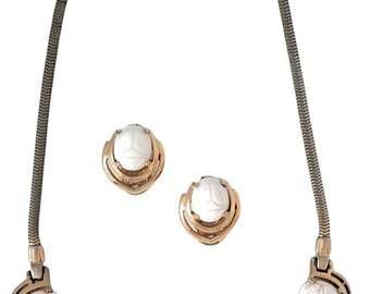 1940s Mazer Bros White Scarab Earring And Necklace Set Demi Parure Joseph Mazer