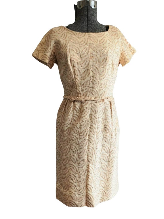 1960s Leslie Fay Gold Embroidered Short Sleeved Dr