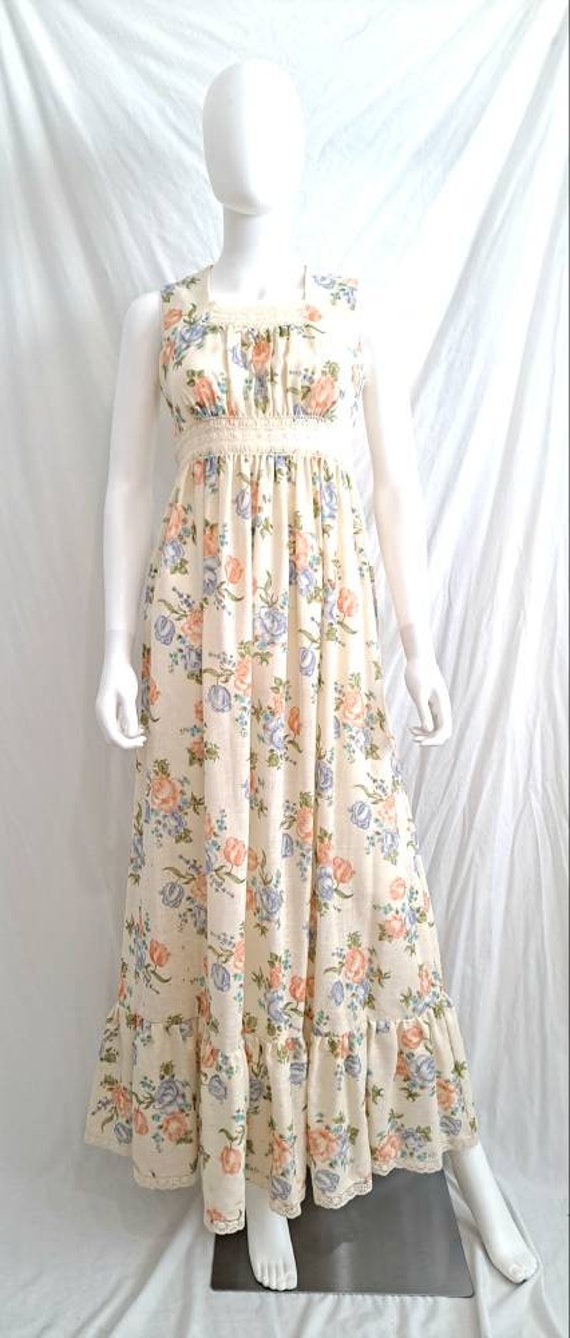 1970s Floral Cottagecore Sleeveless Maxi Dress by Rag Dolls 32 Bust Sheer Lace Inset