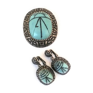 1970s Hobe Scarab Brooch Pendant Earring Demi Parure Set Egyptian Revival Scarab