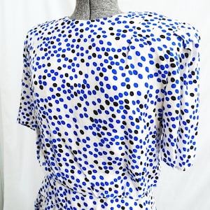 1980s Adrianna Papell Silk Polka Dot Dress Pockets Dropped Waist Button Back Silk Dress