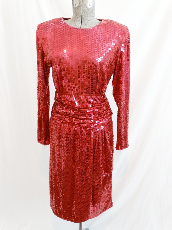 1980s Oleg Cassini Raspberry Red Sequined Dress 36