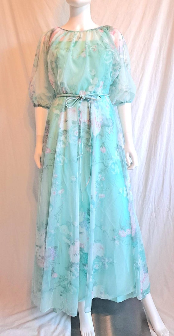 1970s Teal Aqua Sheer Floral Chiffon Dress Split S