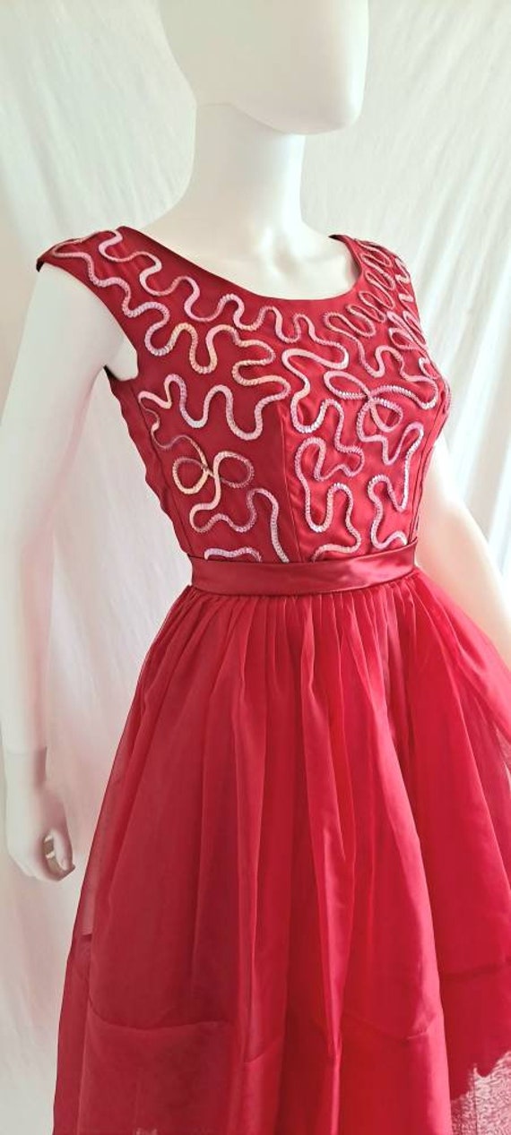 1960s Cherry Red Tulle Party Dress With Sequin Tr… - image 3