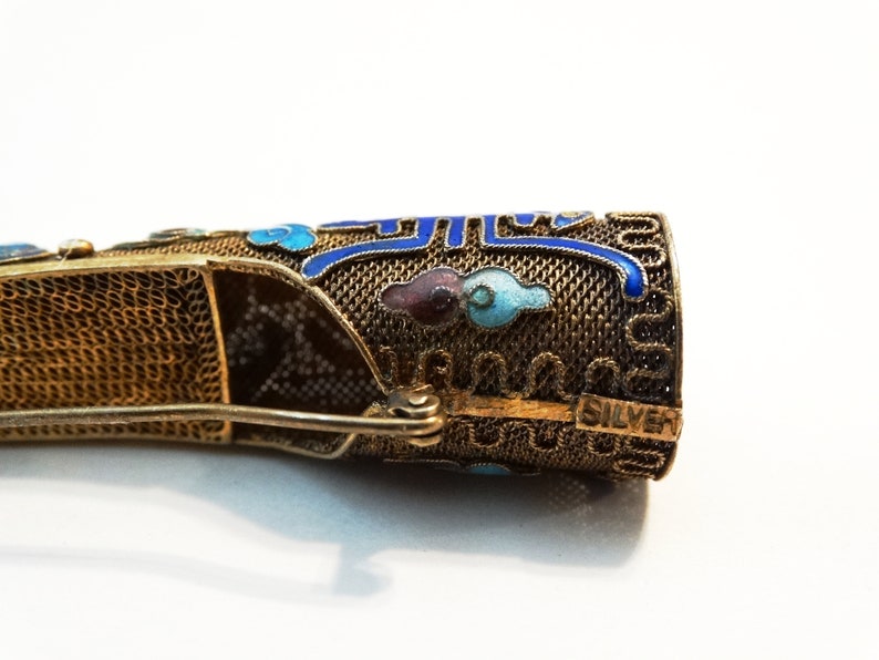 Antique Chinese Export Silver Finger Guard Glass Stone Enamel Silver Finger Guard Brooch Posey Pin
