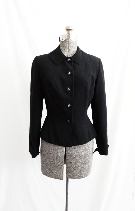 1950s Kerrybrooke Black Wool Suit Jacket Nipped Wa
