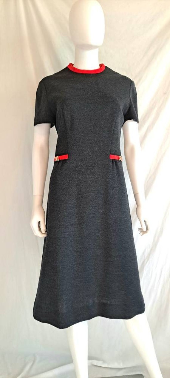 1970s Heathered Gray and Red Secretary Dress Size 