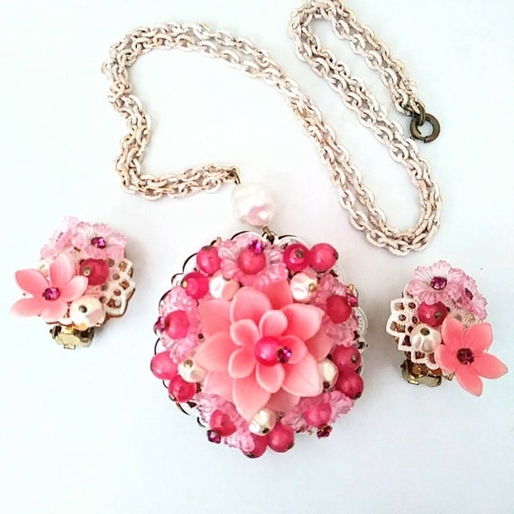 1950s W Germany Pink Purple White Plastic Flower Earring Necklace Set