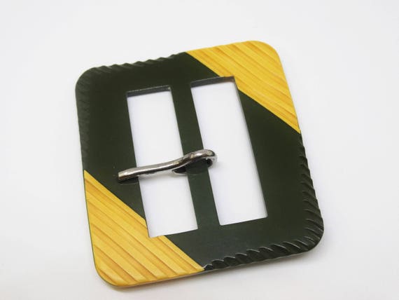 Large Bakelite Two Toned Green Yellow Carved Belt Buckle 