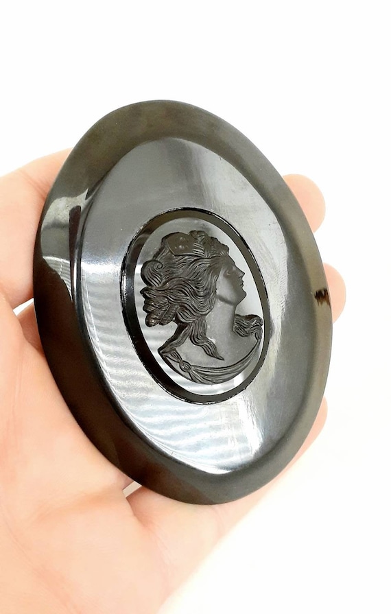 1940s Large Black Bakelite Cameo Statement Brooch