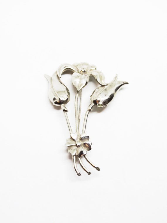 1940s Sterling Silver Flower Bouquet Brooch - image 1