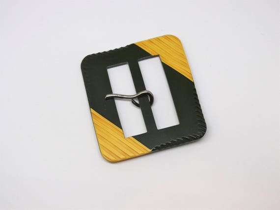 Vintage Two Part Belt Buckle with Bakelite Metal Panels Large Bakelite Two Toned Green Yellow Carved Belt Buckle  main image 2