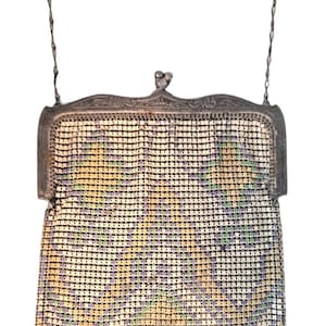 Art Deco Whiting and Davis Dresden Chainmail Mesh Evening Purse Wristlet Pastel Geometric Pattern