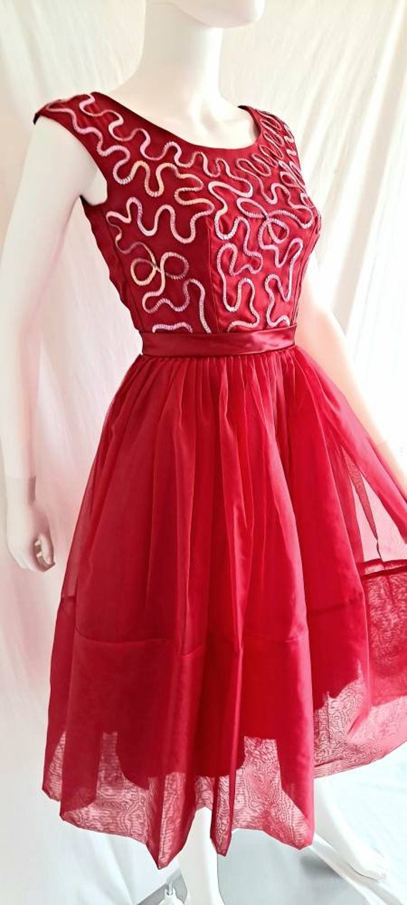 1960s Cherry Red Tulle Party Dress With Sequin Tr… - image 9