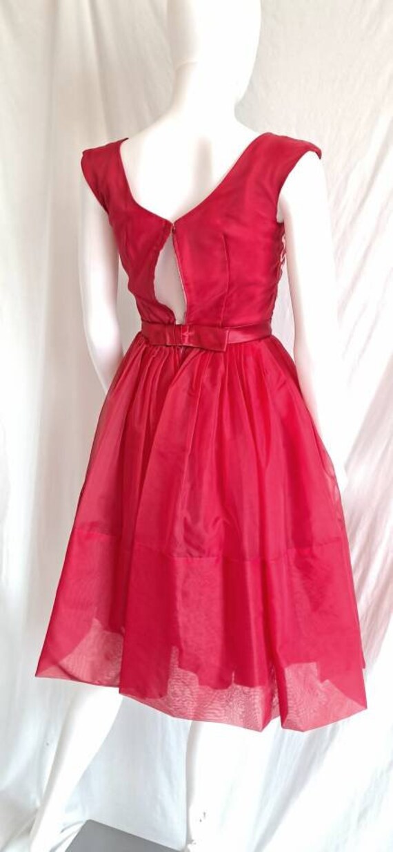 1960s Cherry Red Tulle Party Dress With Sequin Tr… - image 5