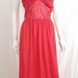 1950s Sheer Red Ruffled Negligee Nightgown by Snowdon 36 Bust