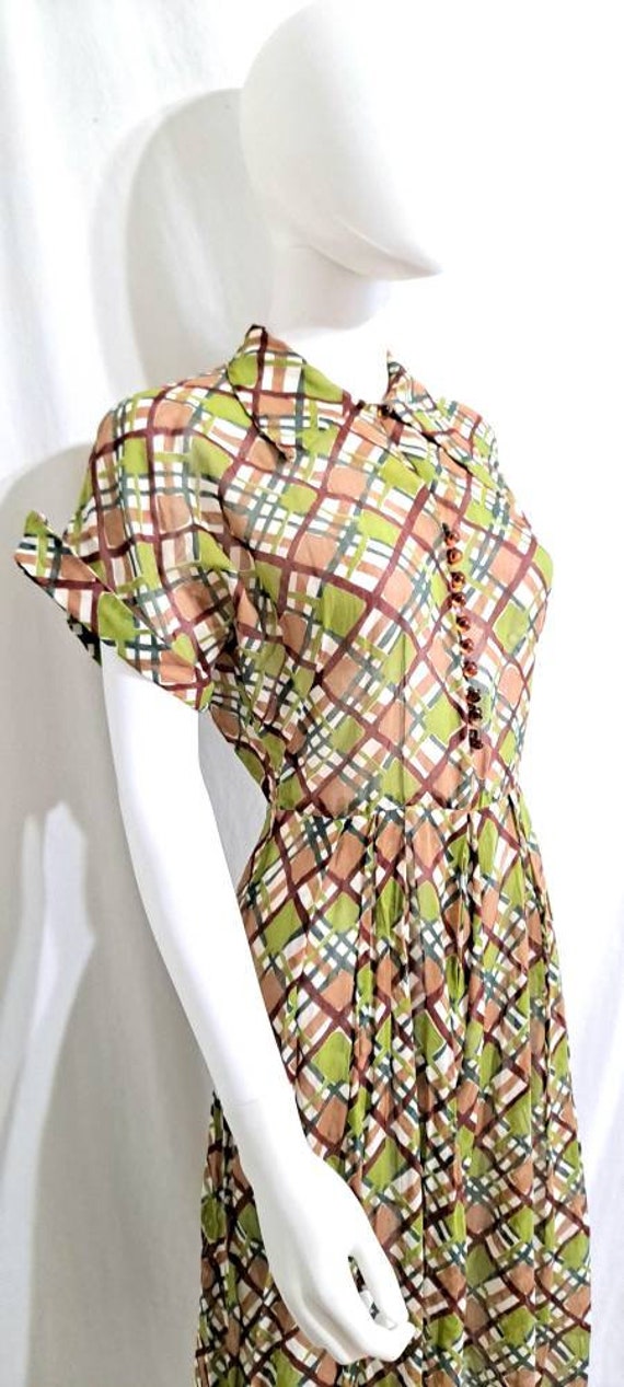 1940s Green Plaid Sheer Cotton Dress 36B 26W Cuffe