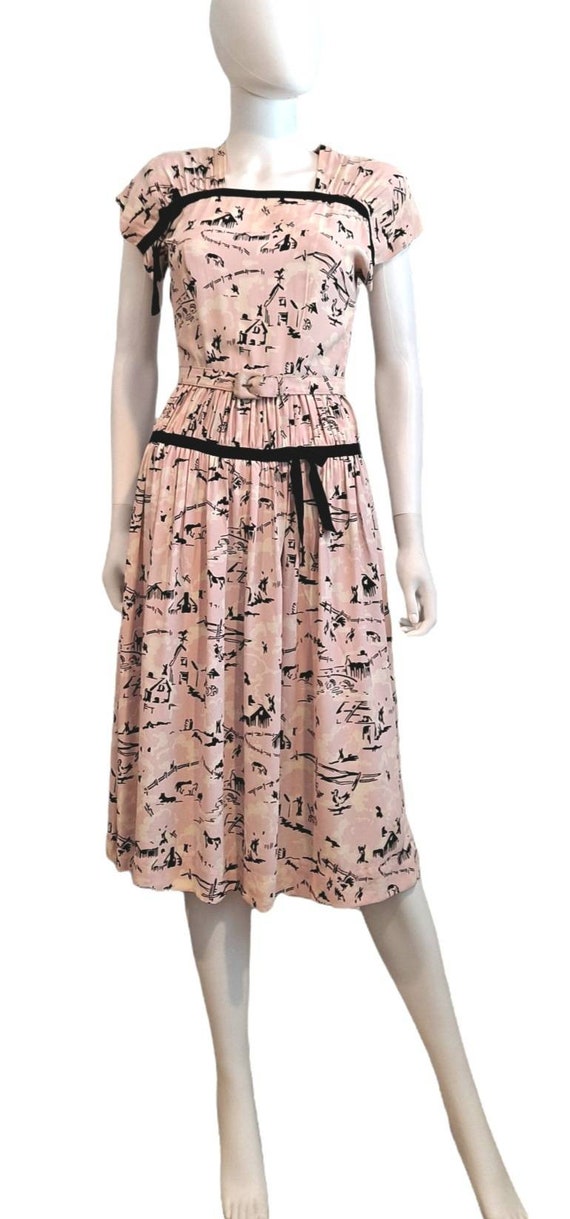 Trudy Hall Rayon Novelty Print Pink Day Dress Farm