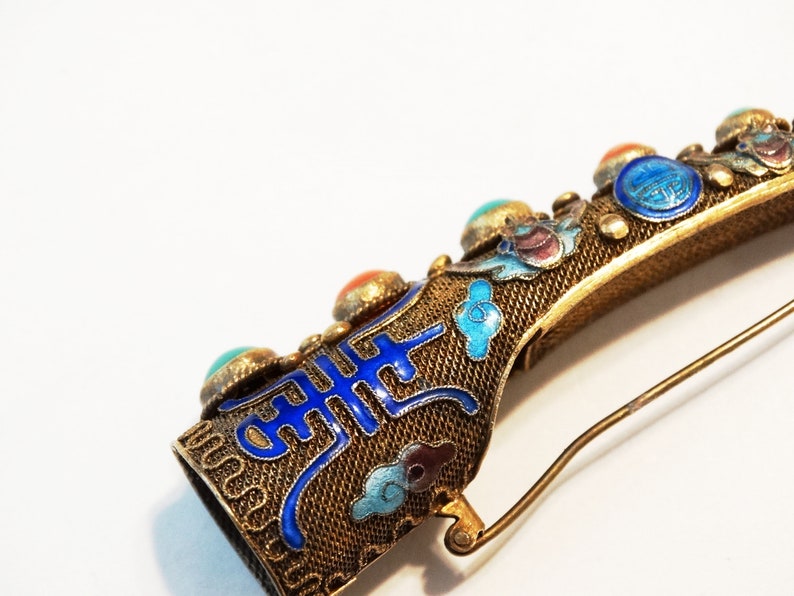 Antique Chinese Export Silver Finger Guard Glass Stone Enamel Silver Finger Guard Brooch Posey Pin