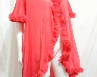 1960s Red Sheer Ruffled Nylon Short Boudoir Robe