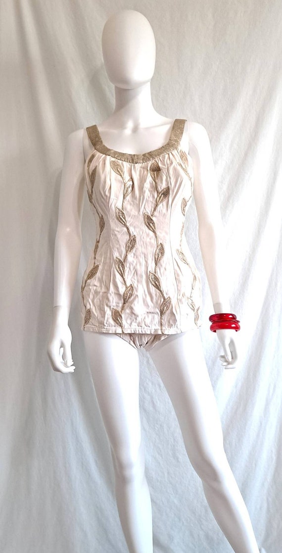 1950s Gold and White Embroidered Deweese One Piece