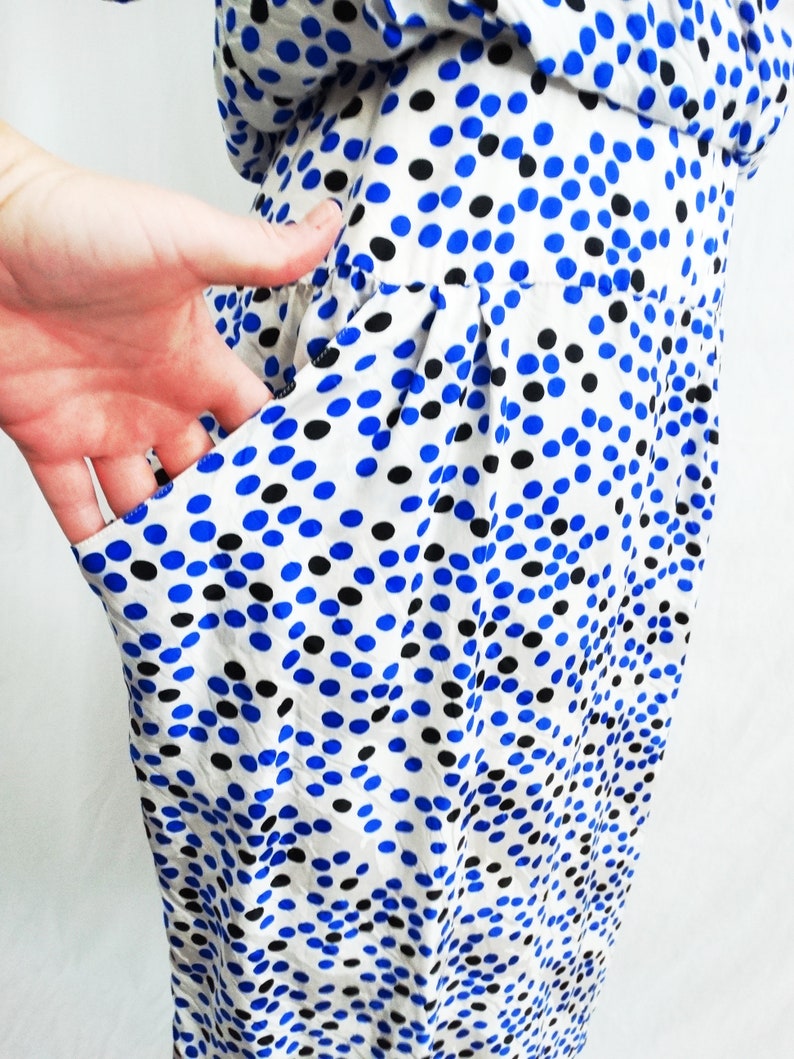 1980s Adrianna Papell Silk Polka Dot Dress Pockets Dropped Waist Button Back Silk Dress image 5