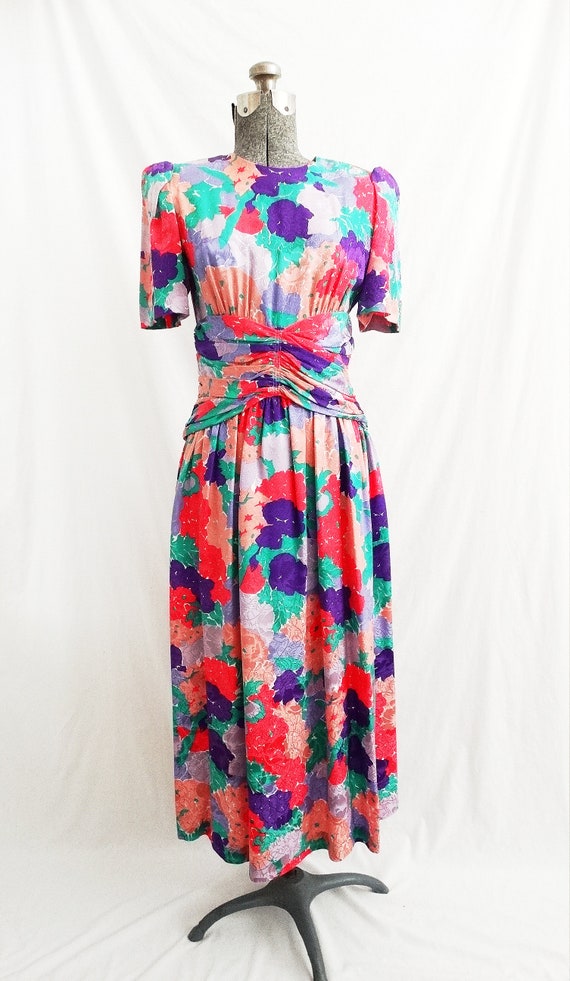 1980s Horchow Silk Floral Dress Ruched Waist Short