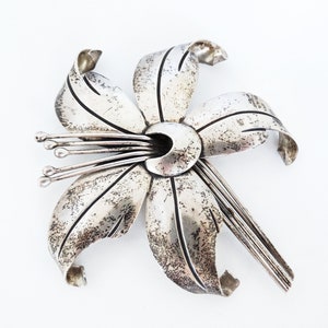 1950s Maricela Tasco Sterling Silver Lily Orchid Figural Brooch Ysidro Garcia Pina Taxco Mexican Silver Brooch Eagle Mark