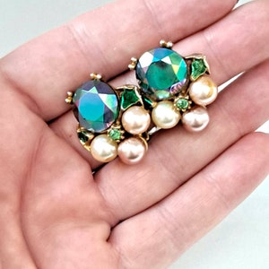 1950s HAR Green AB Stone and Enamel Leaf Clip On Earrings