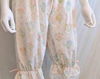 Refashioned Vintage Floral Textile Ruffled Cropped Pants Repurposed Salvaged Handmade