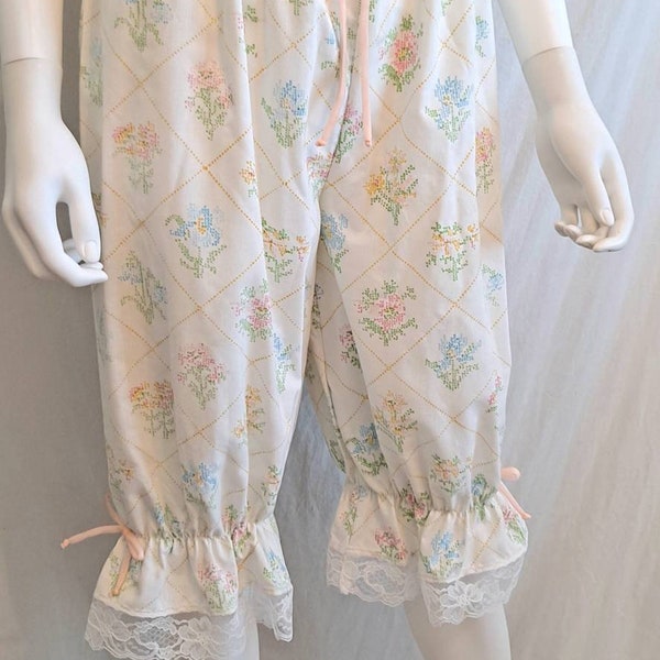 Refashioned Vintage Floral Textile Ruffled Cropped Pants Repurposed Salvaged Handmade