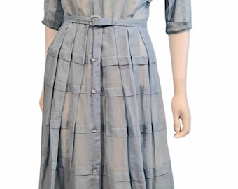 Nelly Don 1950s Sheer Baby Blue Pleated Shirt waist Dress