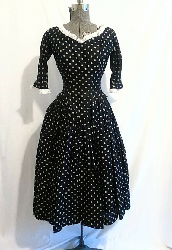1950s Suzy Perette Silk Deep Navy Blue White Dot N