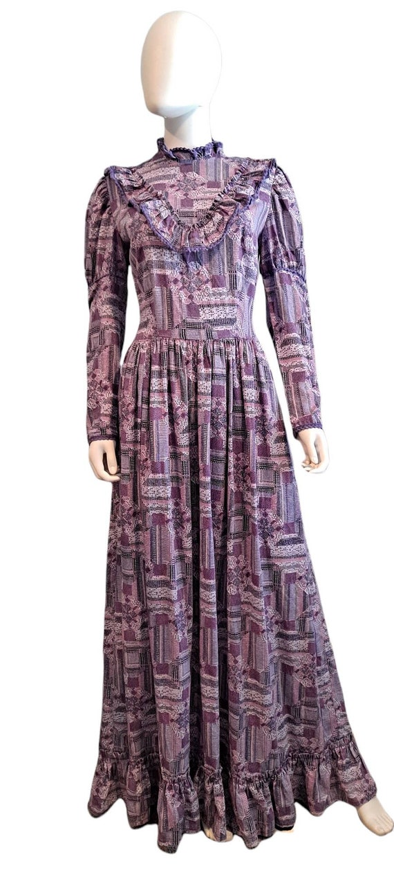 1970s Purple Prairie Maxi Dress Quilt Print Cotton