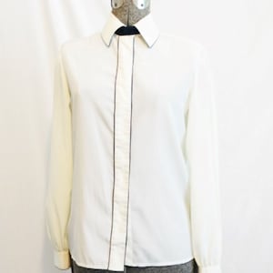 1970s Adolph Schuman Lilli Ann Secretary Blouse Cream and Navy Long Sleeved Blouse